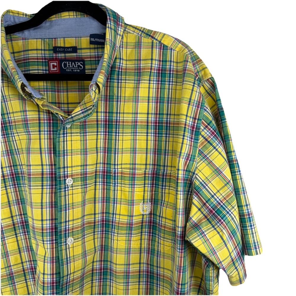 Chaps Easy Care Shirt Mens XXL‎ Yellow & Blue Plaid Short Sleeve Button Down
